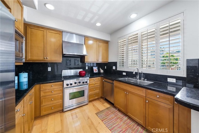 6011 Dawn Crk Unit 7, Playa Vista, CA 90094 - kitchen featuring wall chimney exhaust hood, appliances with stainless steel finishes, light wood-style floors, backsplash, and brown cabinets