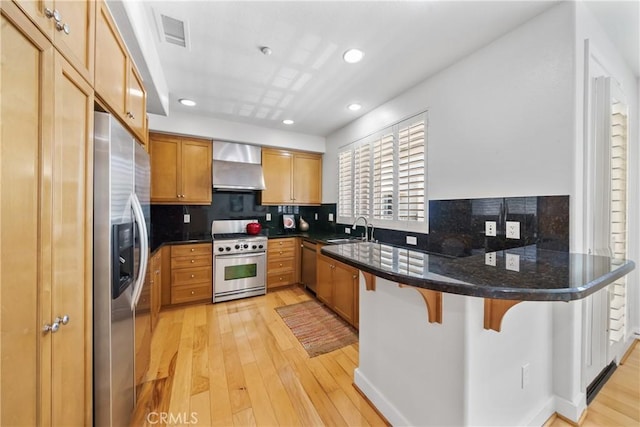 6011 Dawn Crk Unit 7, Playa Vista, CA 90094 - kitchen featuring appliances with stainless steel finishes, wall chimney range hood, a sink, a peninsula, and light wood finished floors