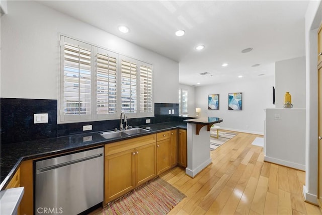 6011 Dawn Crk Unit 7, Playa Vista, CA 90094 - kitchen featuring dishwasher, backsplash, recessed lighting, light wood-type flooring, and brown cabinetry