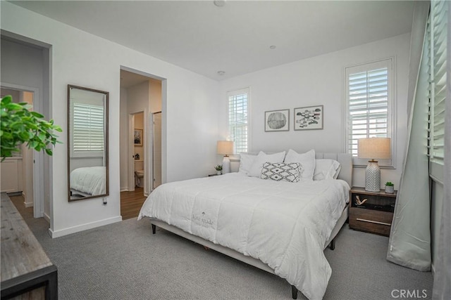 bedroom featuring carpet floors, multiple windows, and ensuite bathroom