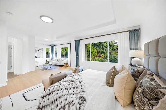 bedroom with a raised ceiling and light hardwood / wood-style flooring