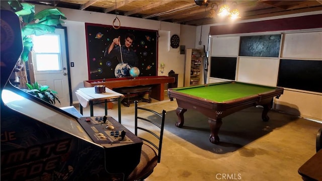 rec room featuring pool table and concrete floors