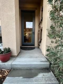 view of exterior entry featuring stucco siding