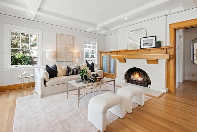 living room with coffered ceiling, beam ceiling, and wood-type flooring