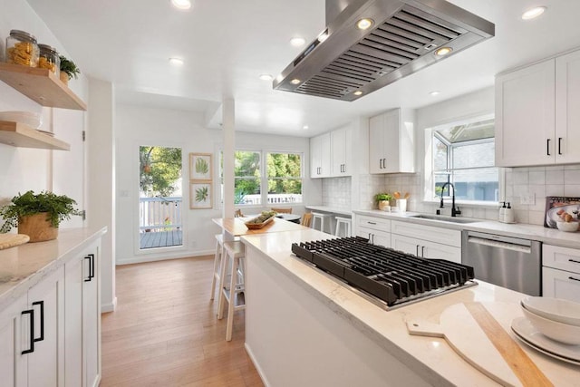 kitchen featuring appliances with stainless steel finishes, exhaust hood, and white cabinets