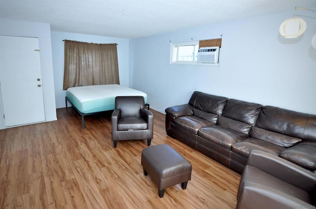 living room with light hardwood / wood-style floors and a wall unit AC