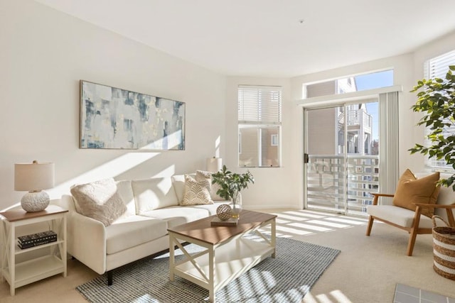 living room featuring light carpet