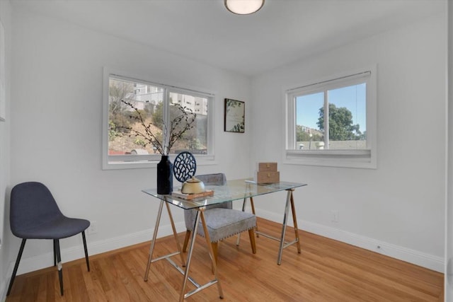 office space featuring a healthy amount of sunlight and light hardwood / wood-style flooring