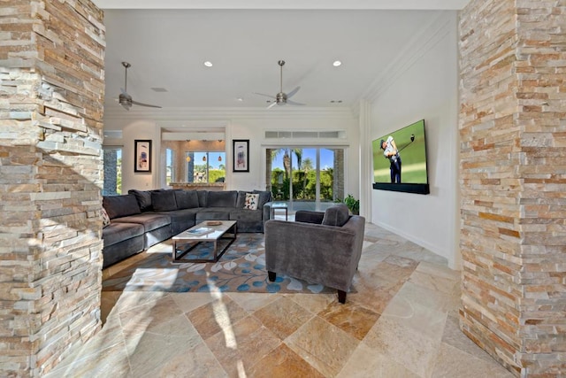 unfurnished living room with ceiling fan, a wealth of natural light, and crown molding