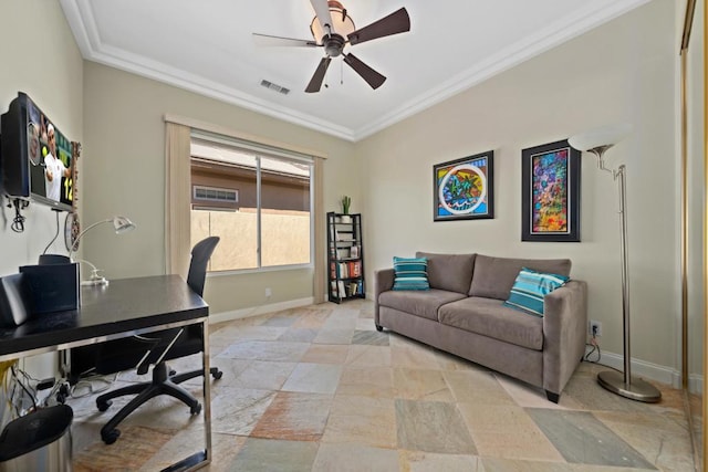 office space with ceiling fan and crown molding