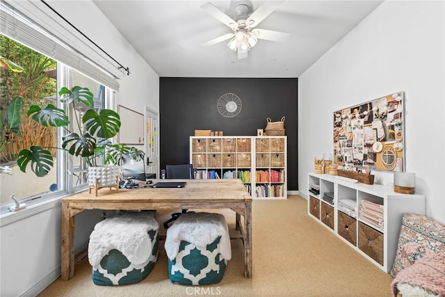 office featuring ceiling fan, a wealth of natural light, and carpet floors