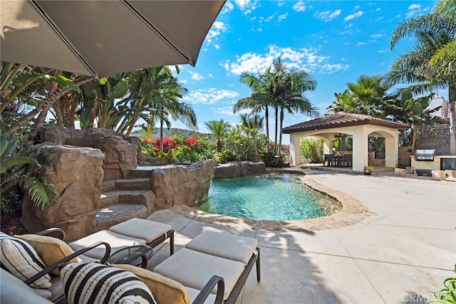 view of swimming pool featuring an outdoor kitchen, a patio, grilling area, and exterior bar