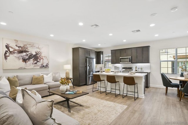 living room with light hardwood / wood-style floors and a healthy amount of sunlight