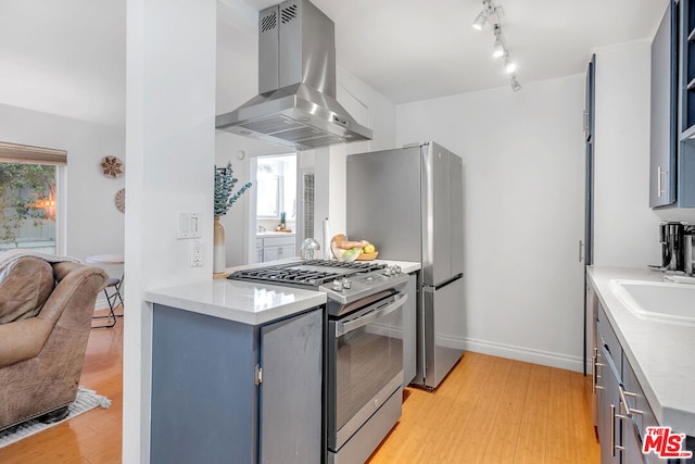 kitchen with light hardwood / wood-style flooring, appliances with stainless steel finishes, sink, island exhaust hood, and a wealth of natural light