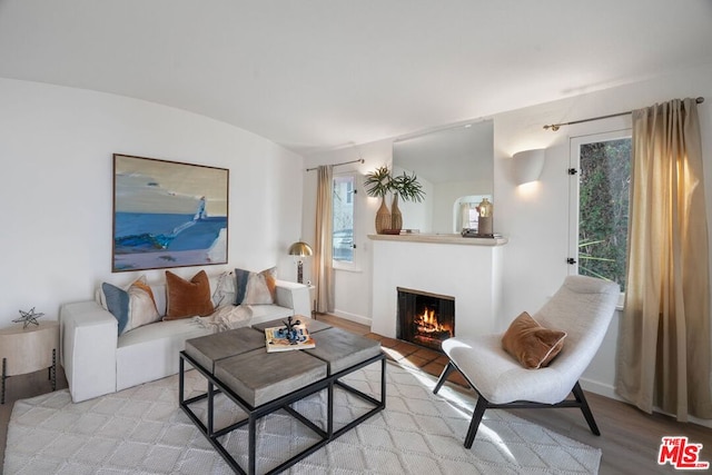 living room featuring lofted ceiling, a healthy amount of sunlight, and light hardwood / wood-style floors