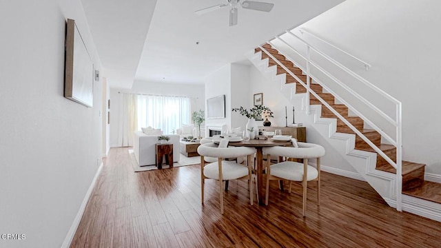 dining room with ceiling fan and hardwood / wood-style floors