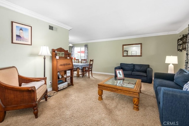 carpeted living room featuring crown molding