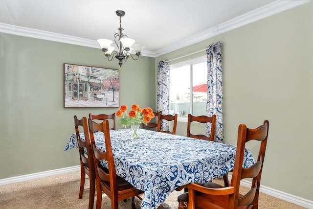 carpeted dining space with ornamental molding and a chandelier