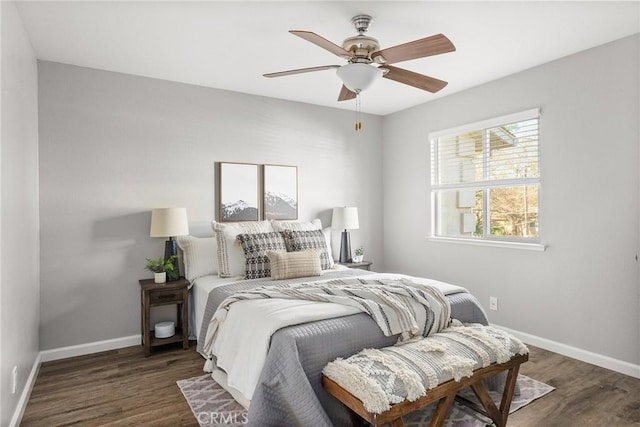 bedroom featuring ceiling fan and dark hardwood / wood-style flooring