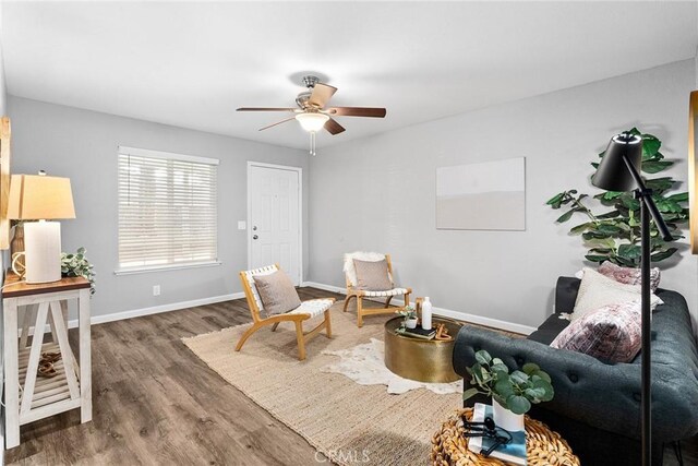 living area with ceiling fan and wood-type flooring