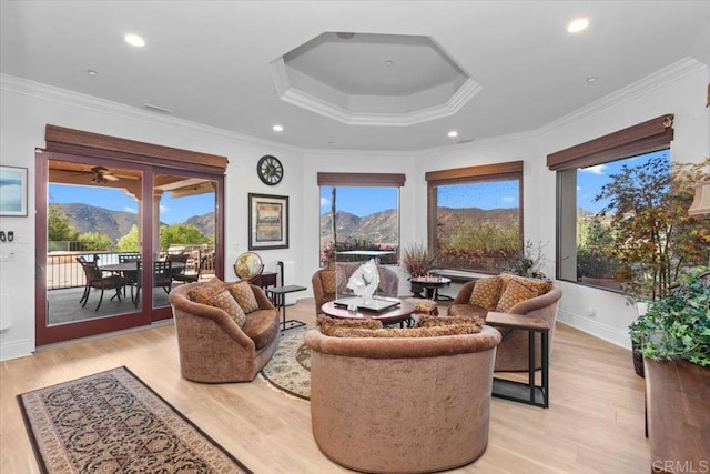 living room with crown molding, a mountain view, and light wood-type flooring