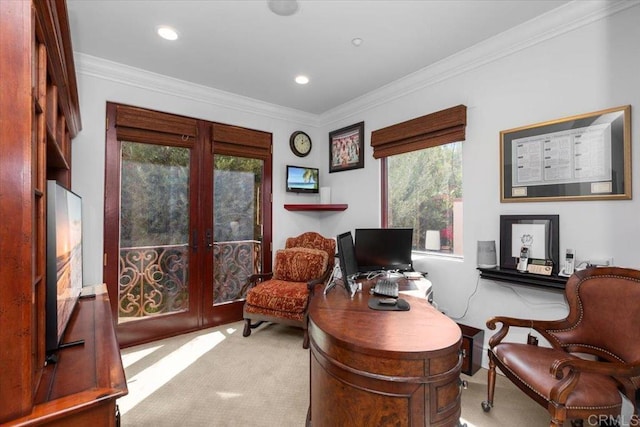 carpeted office with crown molding and french doors