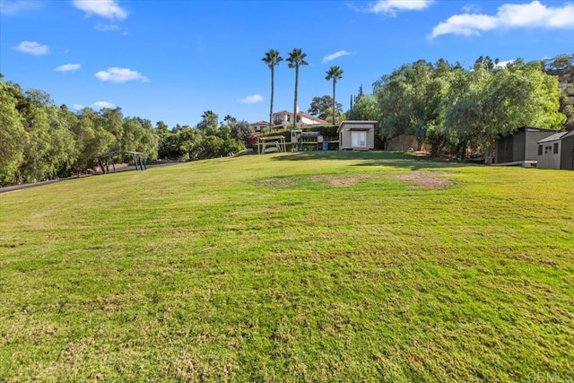 view of yard featuring a shed