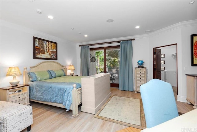 bedroom with light hardwood / wood-style floors, ornamental molding, and access to outside