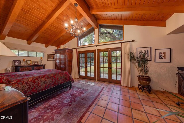 bedroom featuring beamed ceiling, light tile patterned floors, access to exterior, wooden ceiling, and french doors