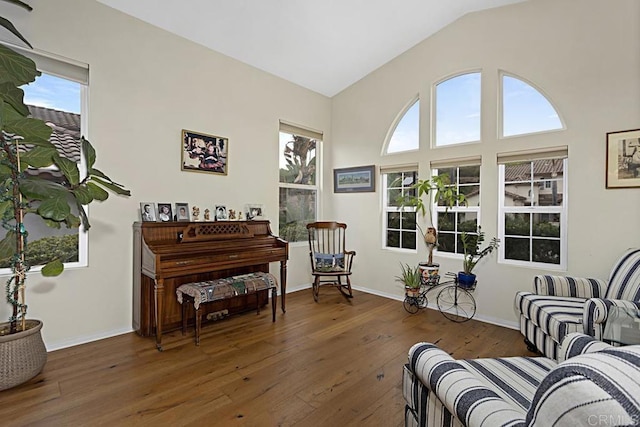 sitting room featuring lofted ceiling and dark hardwood / wood-style flooring