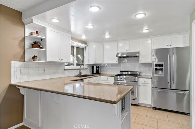 kitchen with kitchen peninsula, sink, white cabinetry, and appliances with stainless steel finishes