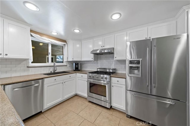 kitchen featuring white cabinetry, stainless steel appliances, tasteful backsplash, sink, and light tile patterned floors