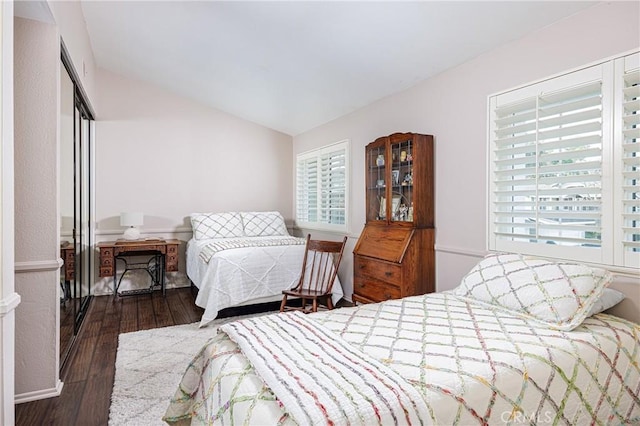 bedroom featuring lofted ceiling, a closet, and dark hardwood / wood-style floors