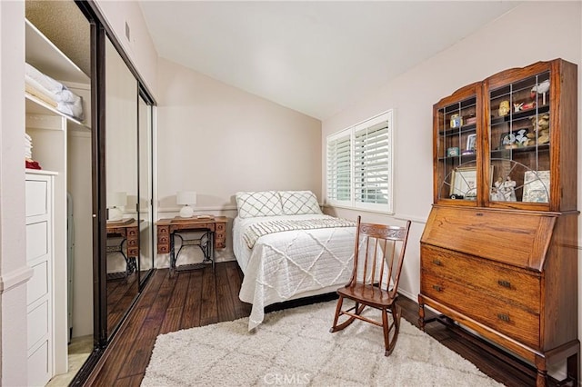 bedroom featuring lofted ceiling, hardwood / wood-style floors, and a closet