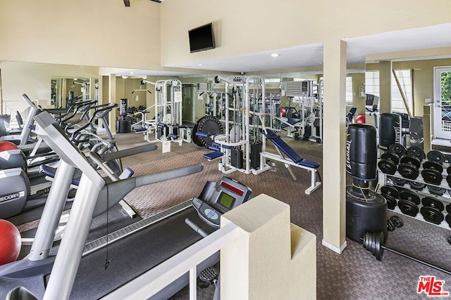 gym featuring a towering ceiling and carpet floors