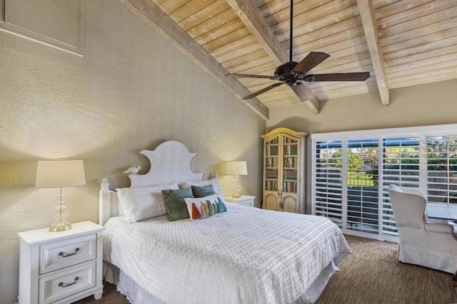 bedroom with ceiling fan, lofted ceiling with beams, and wood ceiling