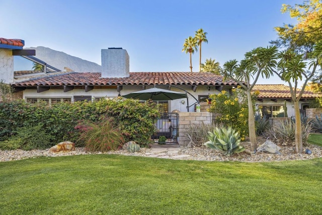 rear view of property with a mountain view and a yard