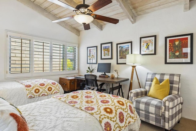 bedroom with wooden ceiling, vaulted ceiling with beams, and ceiling fan