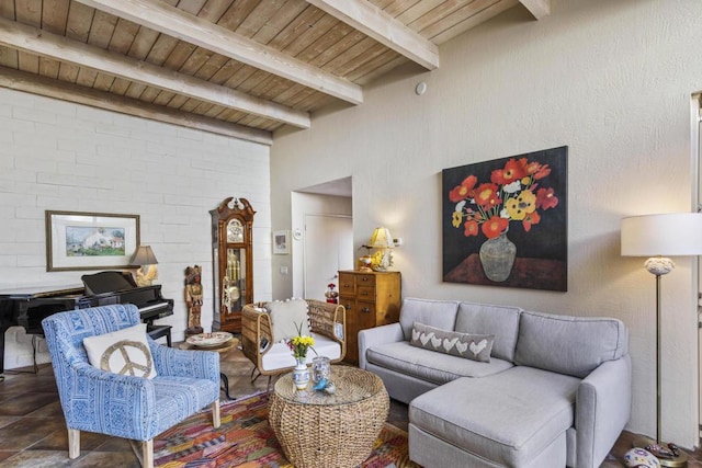 living room featuring wooden ceiling, beam ceiling, and brick wall