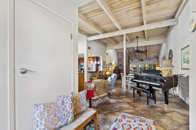 miscellaneous room with beam ceiling, high vaulted ceiling, ceiling fan, and wood ceiling