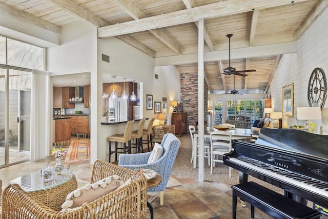 miscellaneous room with wood ceiling and beam ceiling