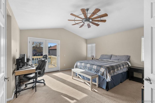 carpeted bedroom featuring ceiling fan, access to outside, french doors, and vaulted ceiling