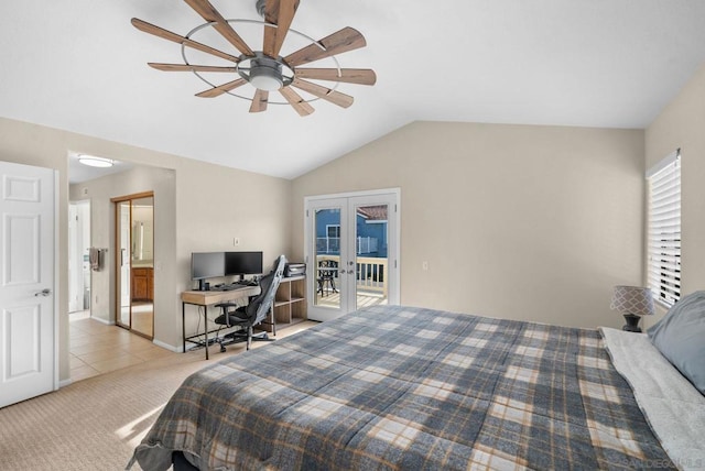 bedroom featuring ceiling fan, access to outside, french doors, light colored carpet, and lofted ceiling