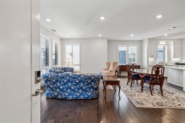 living room featuring dark wood-type flooring and plenty of natural light