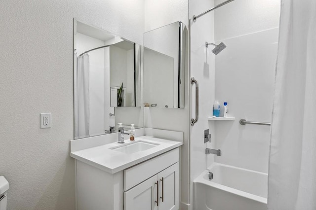 full bathroom with vanity, toilet, and shower / bath combo with shower curtain