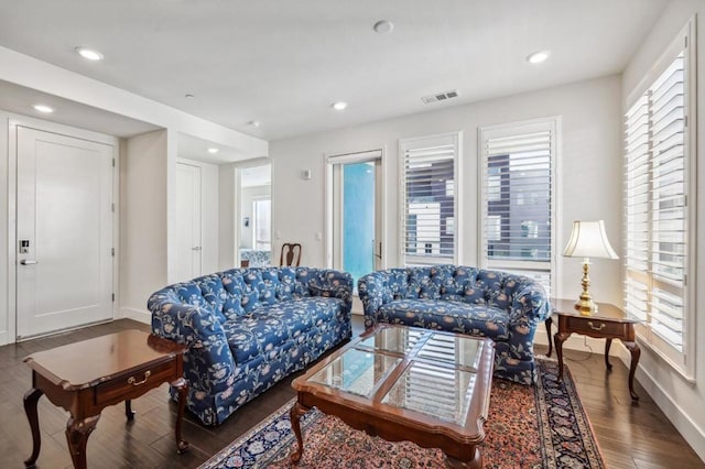 living room with dark wood-type flooring