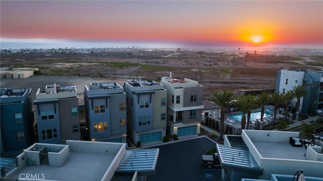 view of aerial view at dusk