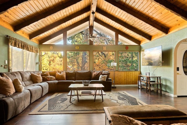 living room with wooden ceiling, dark hardwood / wood-style floors, and beam ceiling