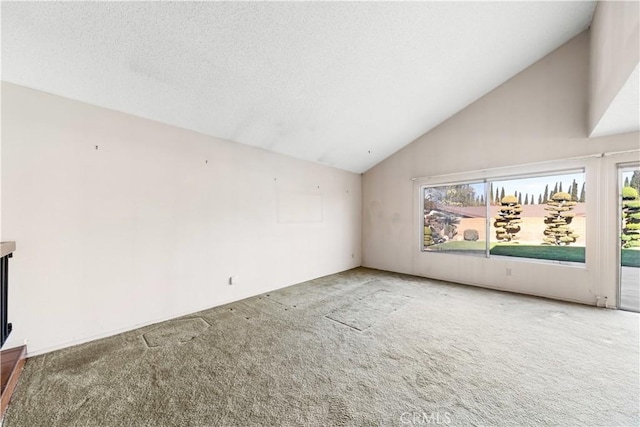 unfurnished living room with carpet floors and high vaulted ceiling