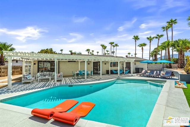 view of pool featuring outdoor lounge area, central AC, a patio area, and a pergola